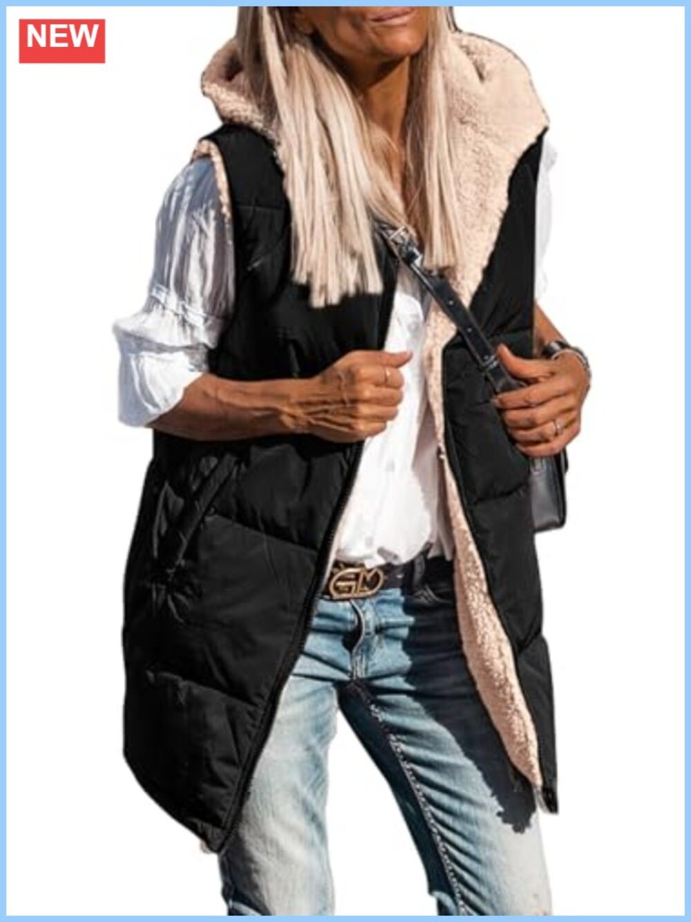 Reversible Fleece Long Vest Women Zip Up Hooded Sleeveless Winter Coat